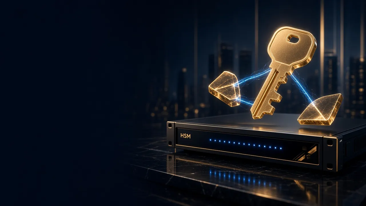Hardware security module with golden keys representing institutional key custody