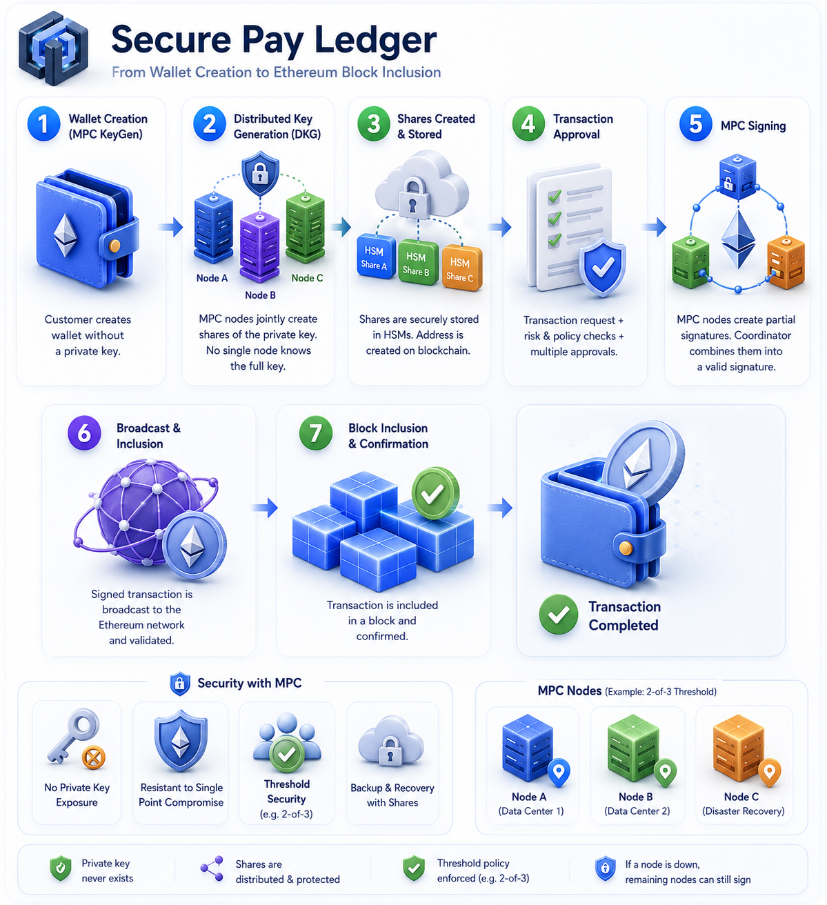 Secure Pay Ledger digital asset flow from wallet creation to transaction completion