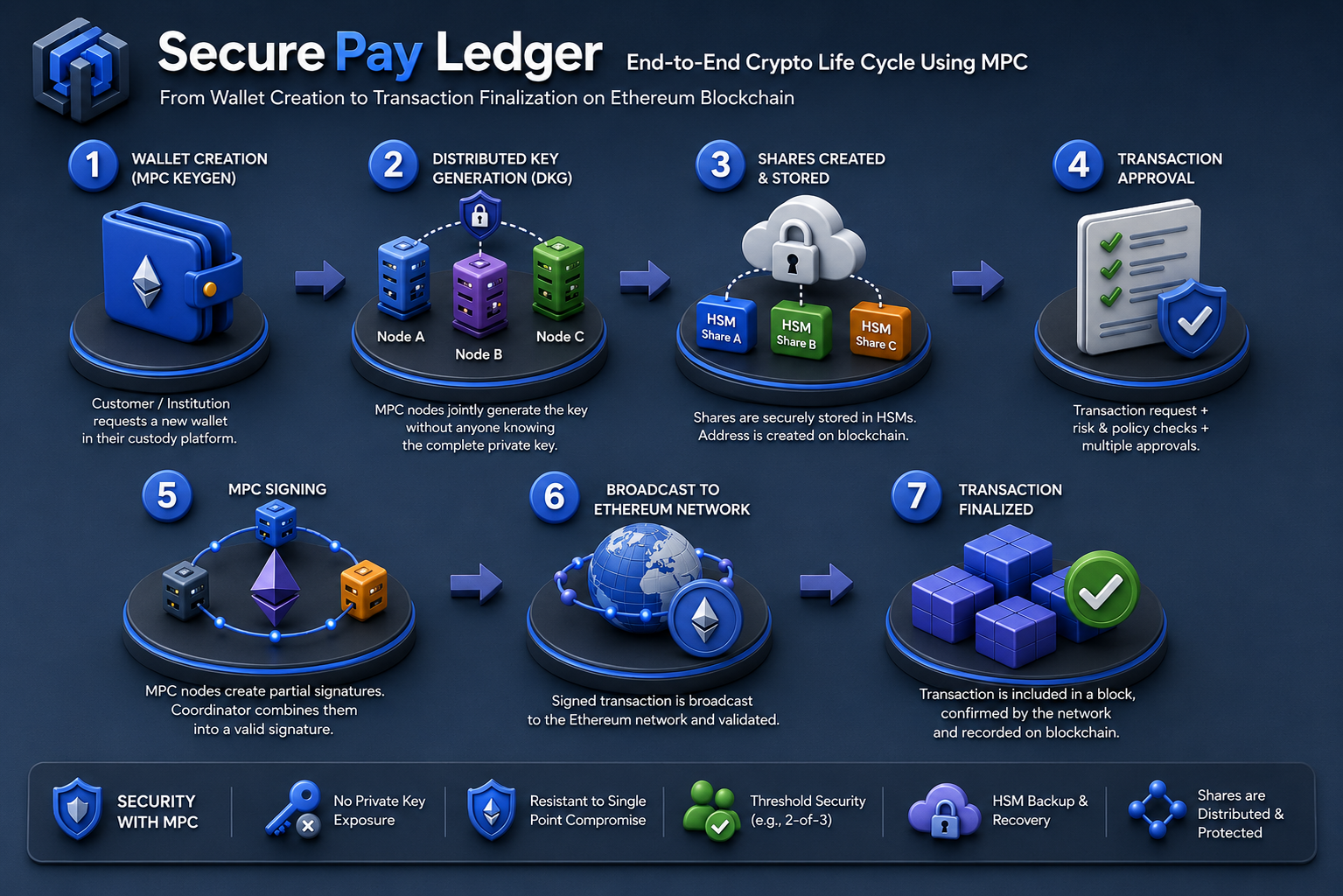 Secure Pay Ledger end-to-end crypto life cycle using MPC from wallet creation to Ethereum transaction finalization