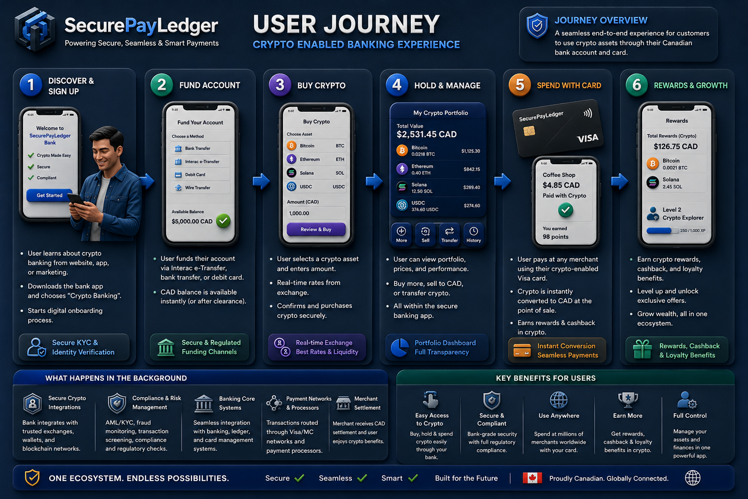 SecurePayLedger crypto enabled banking user journey from sign up to rewards